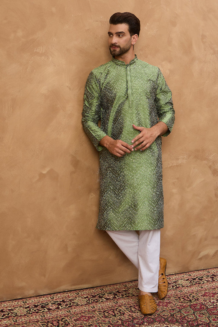 Green Silk Blend Geometric Printed Straight Kurta With Pant Set | SHOBITAM