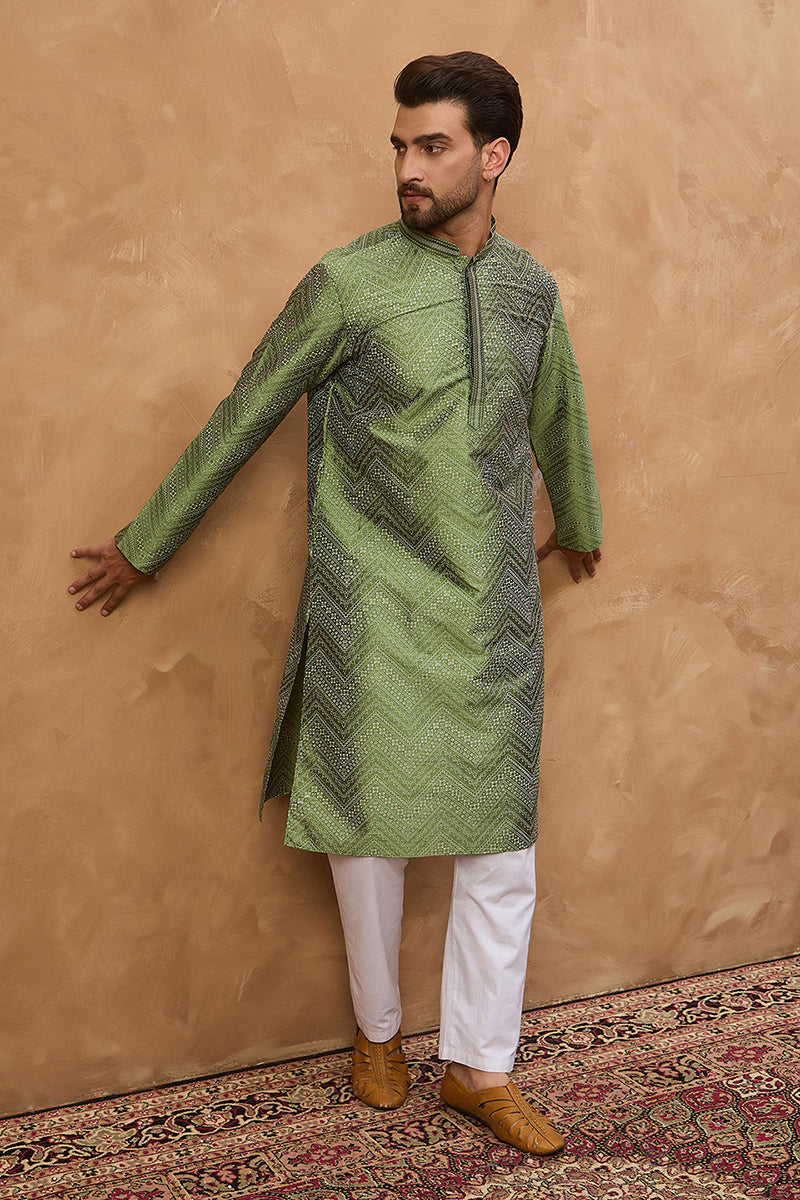 Green Silk Blend Geometric Printed Straight Kurta | SHOBITAM