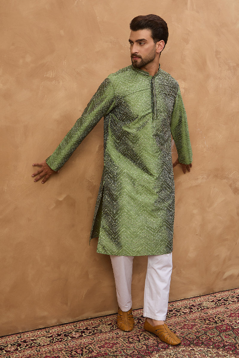 Green Silk Blend Geometric Printed Straight Kurta With Pant Set | SHOBITAM