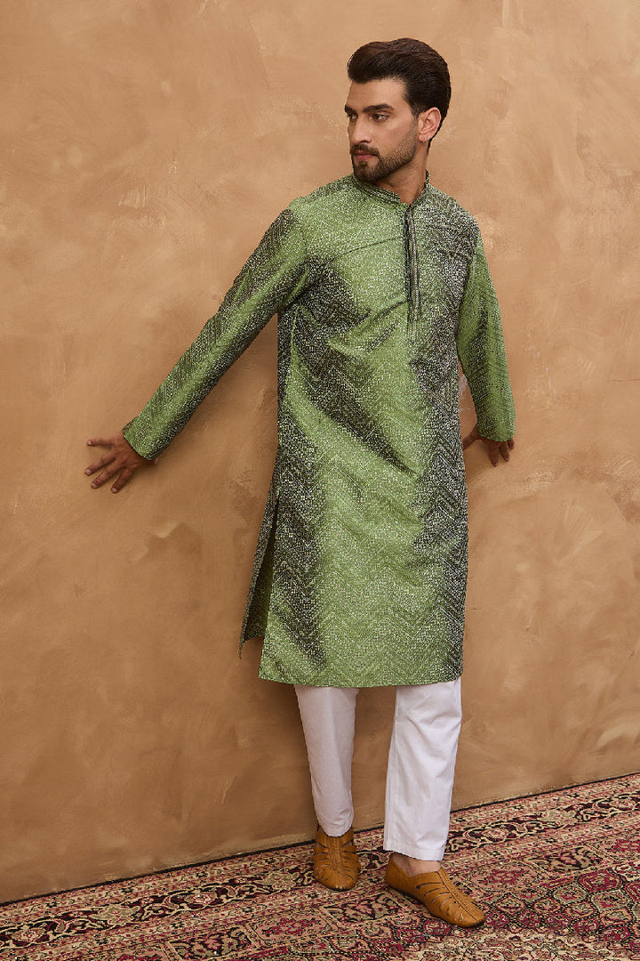 Green Silk Blend Geometric Printed Straight Kurta With Pant Set | SHOBITAM