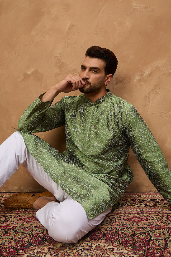 Green Silk Blend Geometric Printed Straight Kurta With Pant Set | SHOBITAM