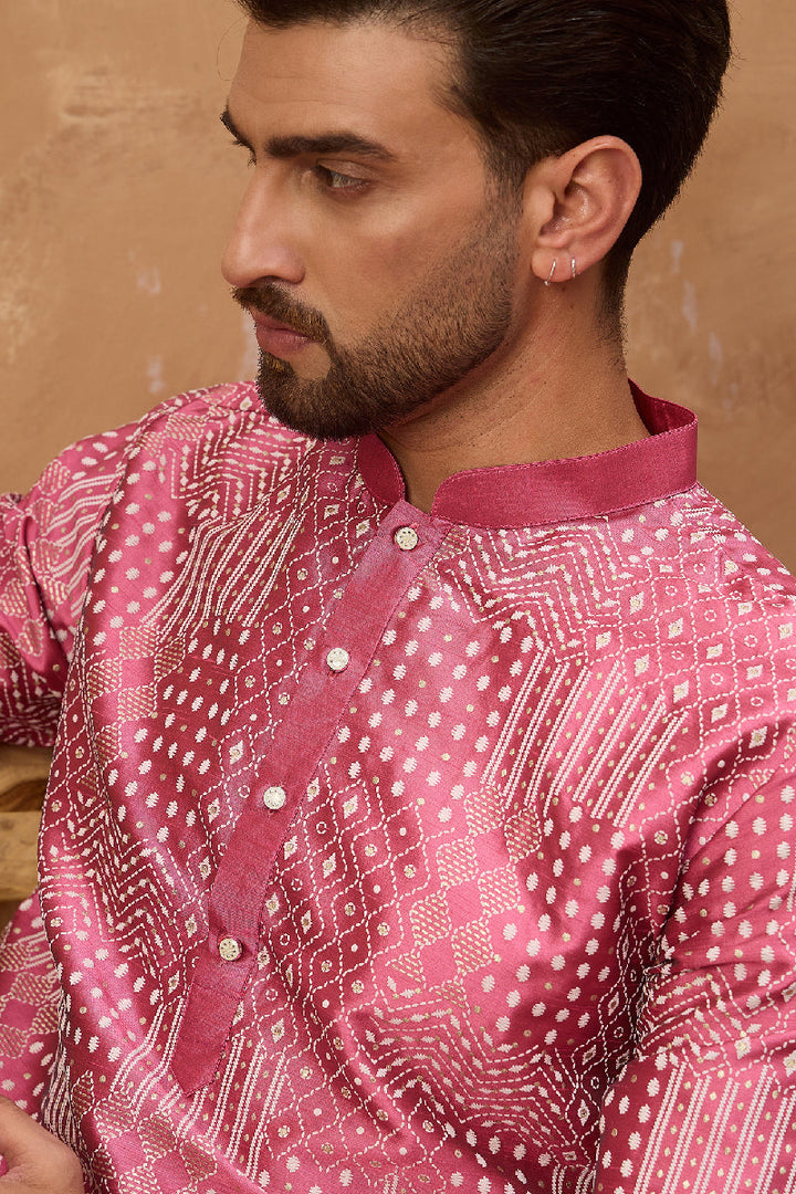Pink Silk Blend Geometric Printed Straight Kurta With Pant Set | SHOBITAM