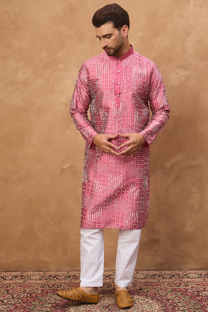 Pink Silk Blend Geometric Printed Straight Kurta With Pant Set | SHOBITAM