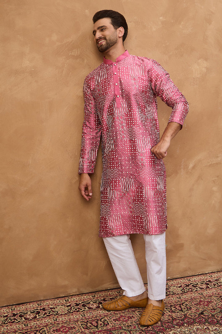 Pink Silk Blend Geometric Printed Straight Kurta With Pant Set | SHOBITAM
