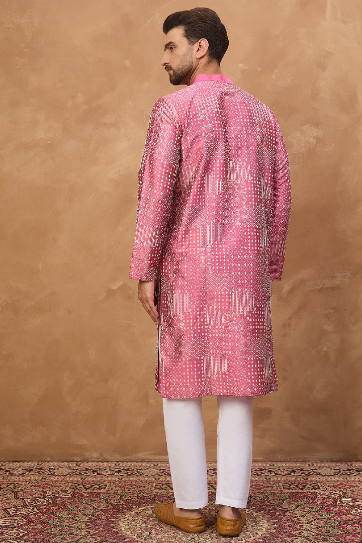 Pink Silk Blend Geometric Printed Straight Kurta With Pant Set | SHOBITAM