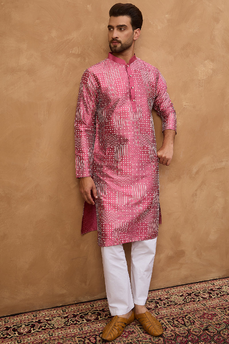 Pink Silk Blend Geometric Printed Straight Kurta With Pant Set | SHOBITAM