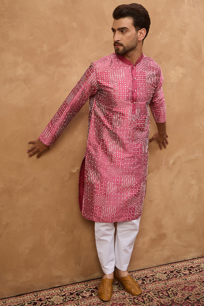 Pink Silk Blend Geometric Printed Straight Kurta With Pant Set | SHOBITAM