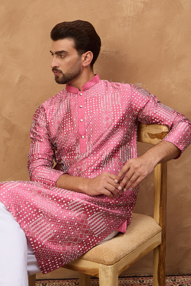 Pink Silk Blend Geometric Printed Straight Kurta With Pant Set | SHOBITAM