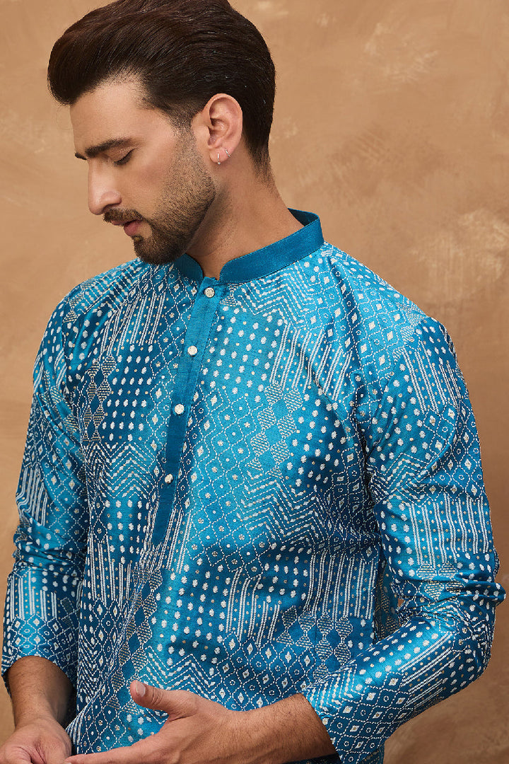 Blue Silk Blend Geometric Printed Straight Kurta With Pant Set | SHOBITAM