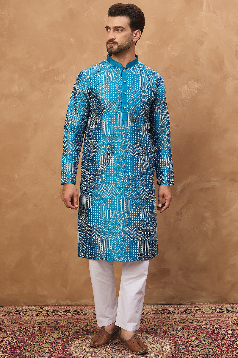 Blue Silk Blend Geometric Printed Straight Kurta With Pant Set | SHOBITAM