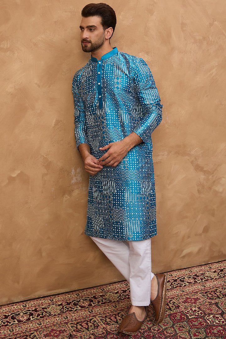 Blue Silk Blend Geometric Printed Straight Kurta With Pant Set | SHOBITAM