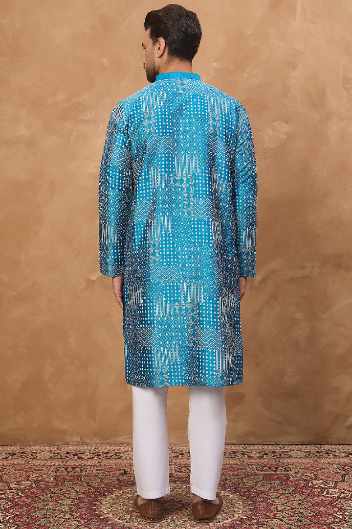 Blue Silk Blend Geometric Printed Straight Kurta With Pant Set | SHOBITAM