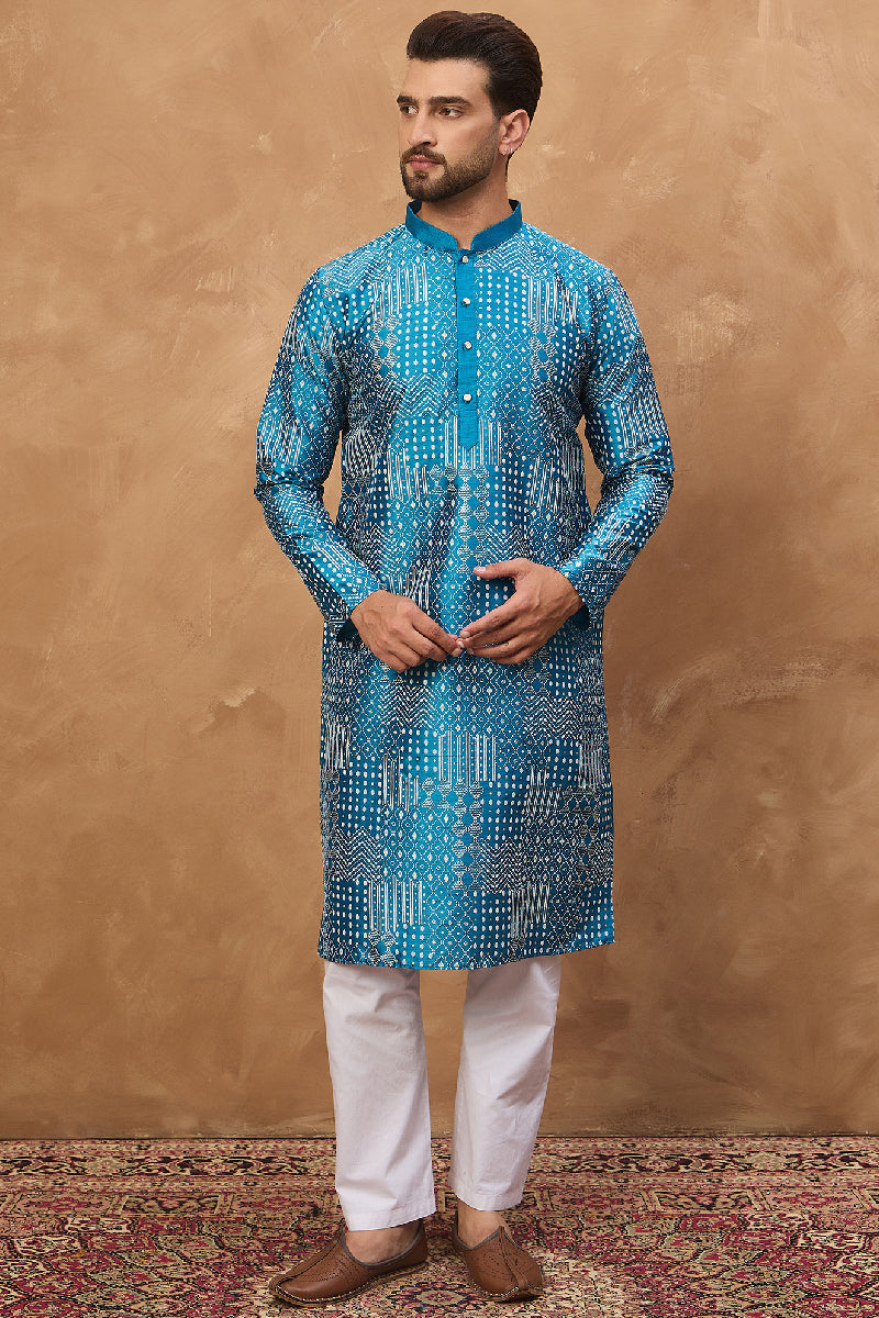 Blue Silk Blend Geometric Printed Straight Kurta With Pant Set | SHOBITAM