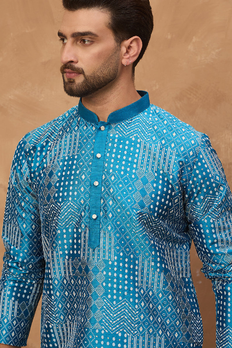 Blue Silk Blend Geometric Printed Straight Kurta With Pant Set | SHOBITAM