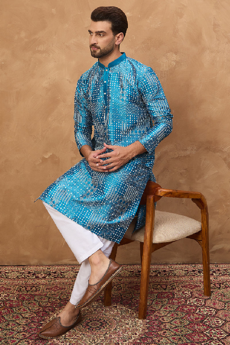 Blue Silk Blend Geometric Printed Straight Kurta With Pant Set | SHOBITAM