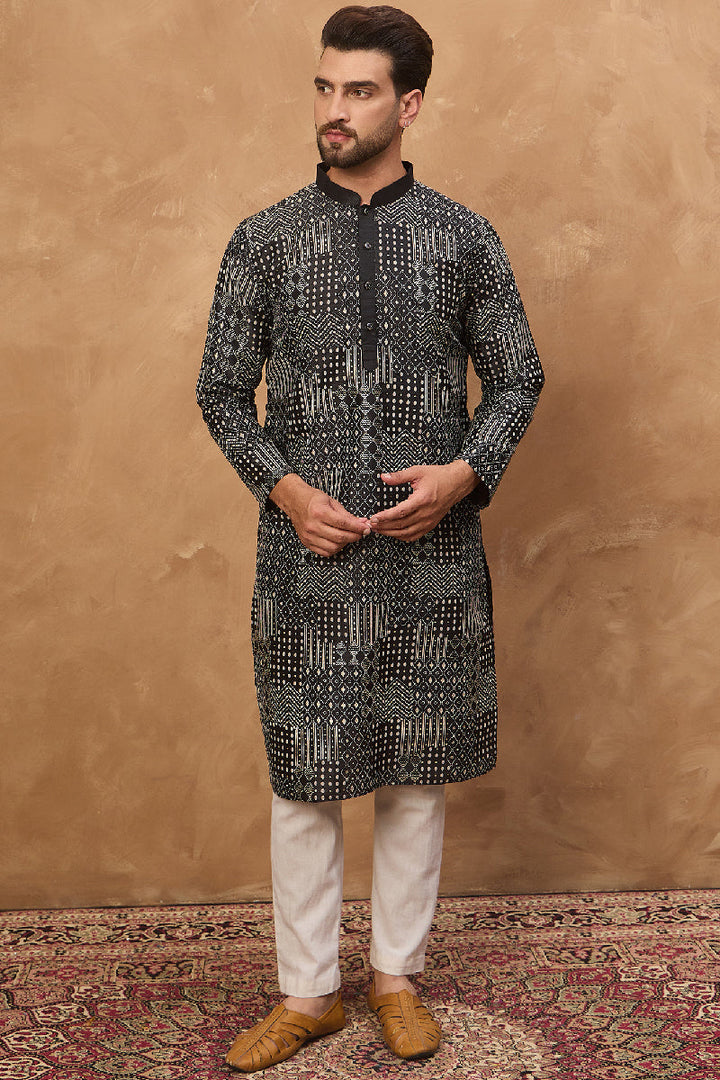Black Silk Blend Geometric Printed Straight Kurta With Pant Set | SHOBITAM