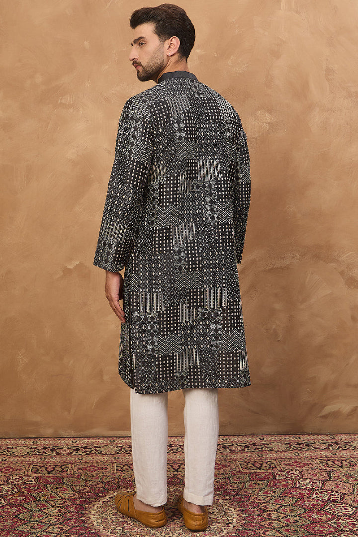 Black Silk Blend Geometric Printed Straight Kurta With Pant Set | SHOBITAM