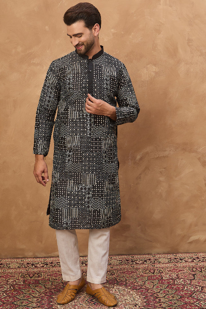 Black Silk Blend Geometric Printed Straight Kurta With Pant Set | SHOBITAM