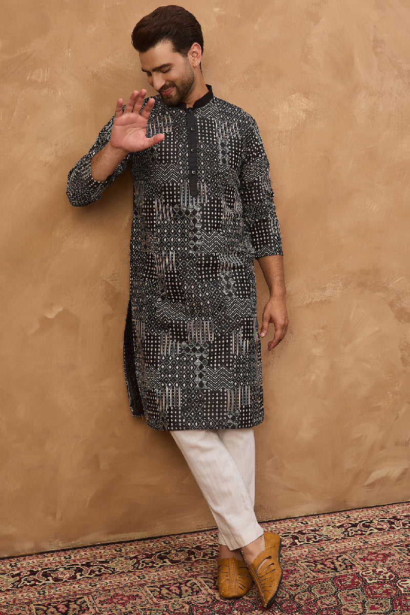 Black Silk Blend Geometric Printed Straight Kurta With Pant Set | SHOBITAM