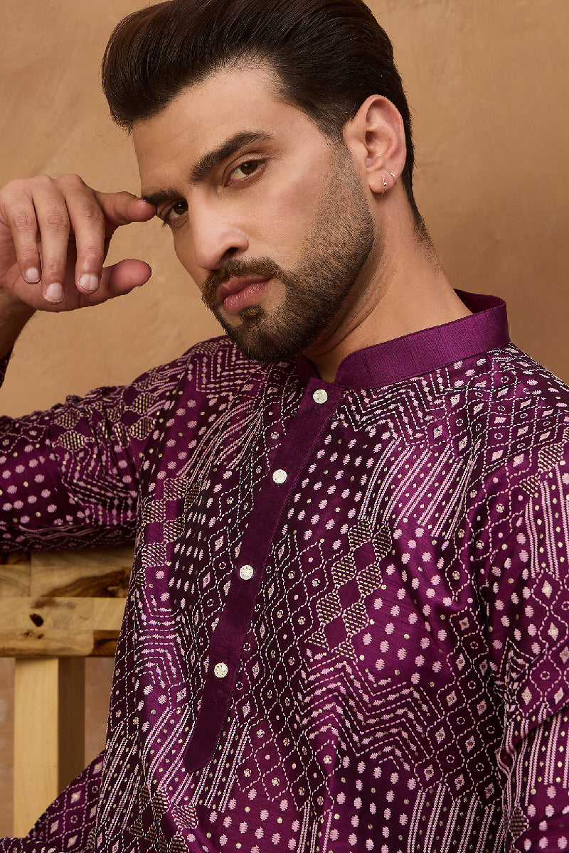 Purple Silk Blend Geometric Printed Straight Kurta With Pant Set | SHOBITAM