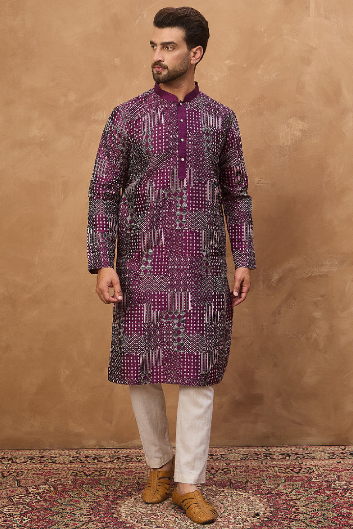 Purple Silk Blend Geometric Printed Straight Kurta With Pant Set | SHOBITAM