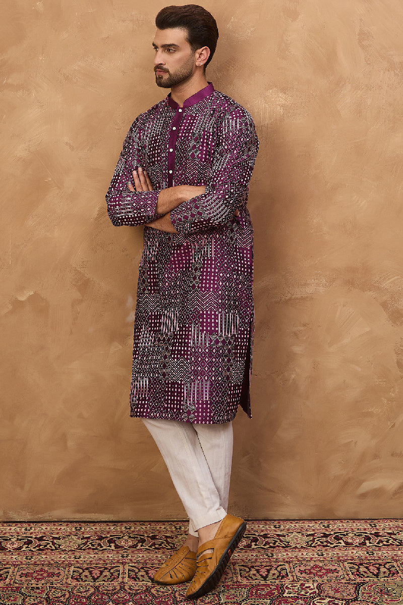 Purple Silk Blend Geometric Printed Straight Kurta With Pant Set | SHOBITAM