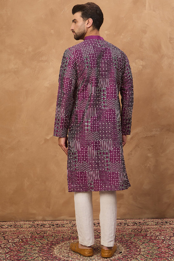 Purple Silk Blend Geometric Printed Straight Kurta With Pant Set | SHOBITAM