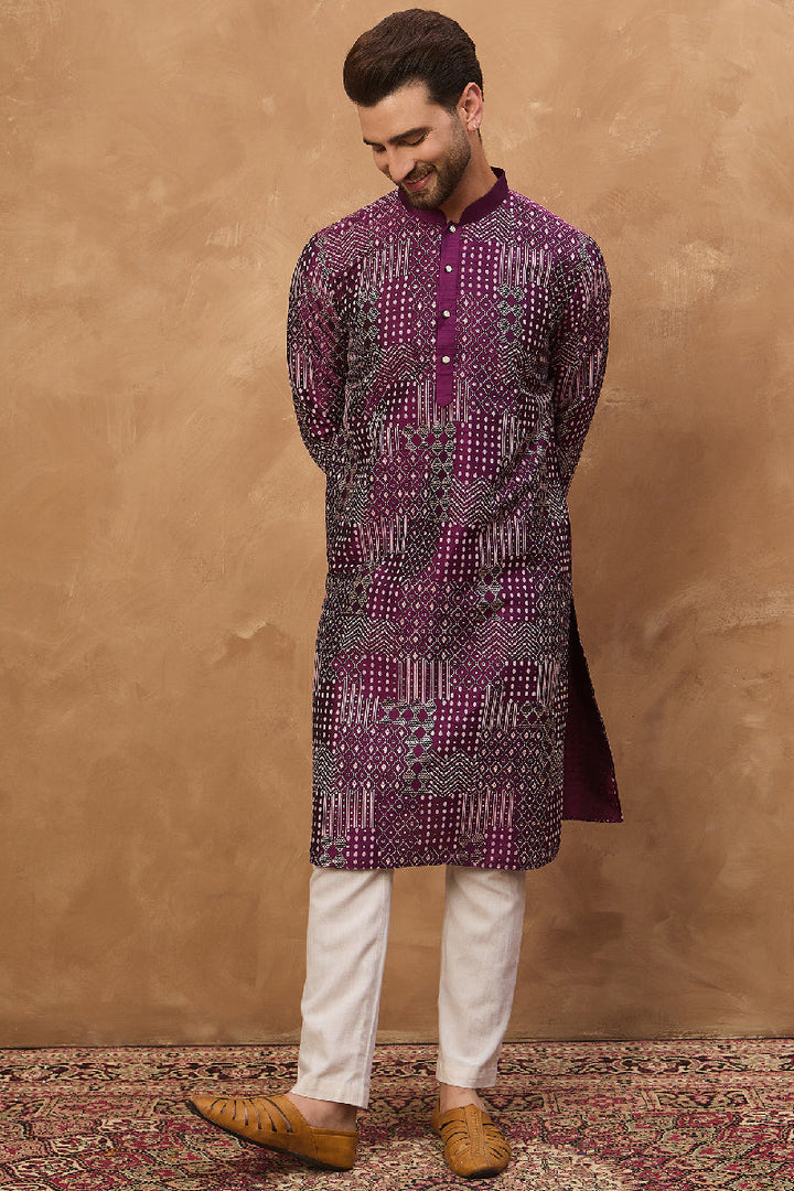 Purple Silk Blend Geometric Printed Straight Kurta With Pant Set | SHOBITAM