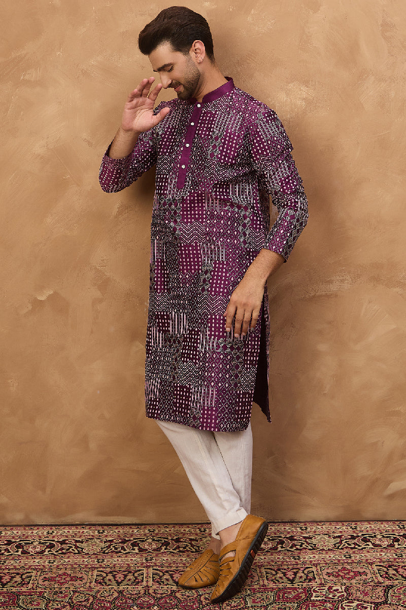 Purple Silk Blend Geometric Printed Straight Kurta With Pant Set | SHOBITAM