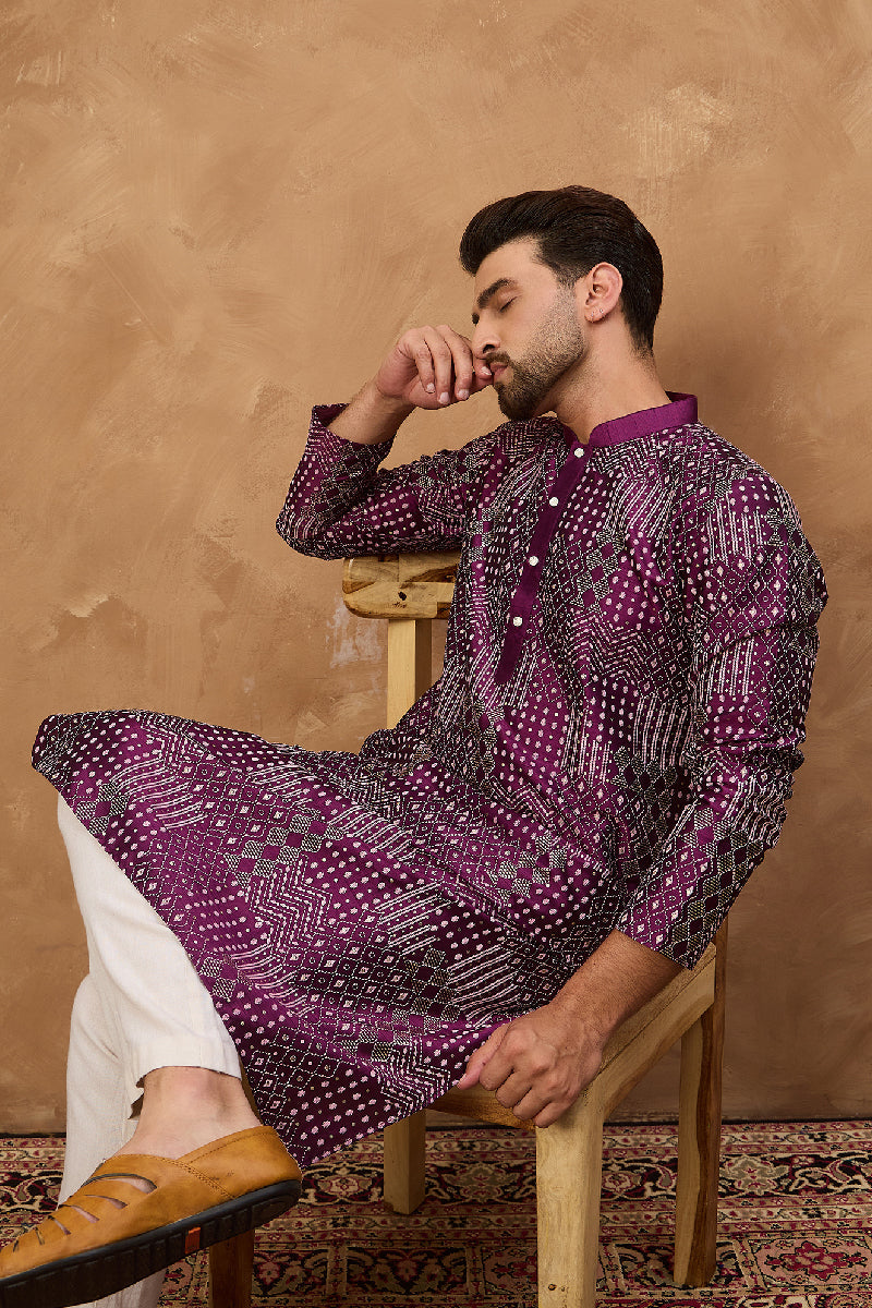 Purple Silk Blend Geometric Printed Straight Kurta With Pant Set | SHOBITAM
