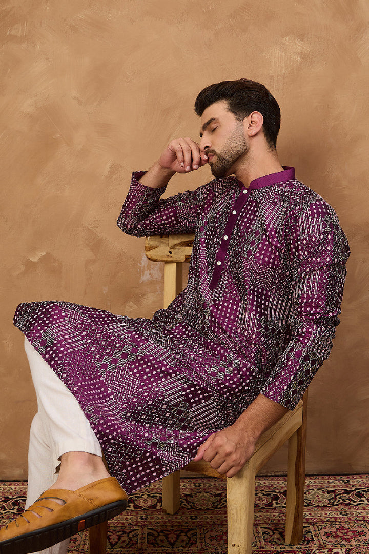 Purple Silk Blend Geometric Printed Straight Kurta With Pant Set | SHOBITAM