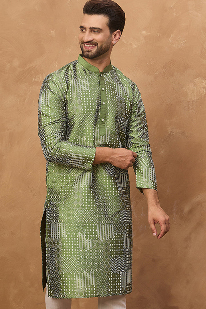 Green Silk Blend Geometric Printed Straight Kurta | SHOBITAM