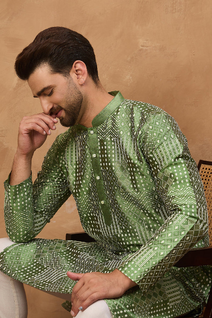 Green Silk Blend Geometric Printed Straight Kurta With Pant Set | SHOBITAM