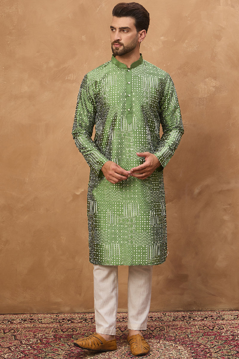 Green Silk Blend Geometric Printed Straight Kurta With Pant Set | SHOBITAM