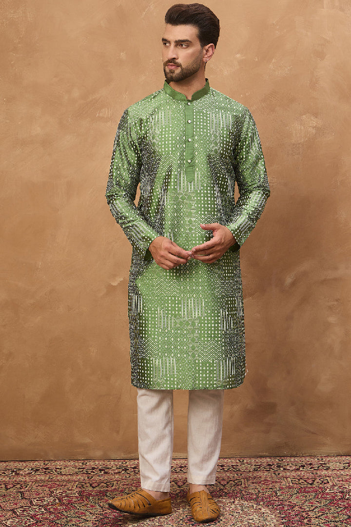 Green Silk Blend Geometric Printed Straight Kurta With Pant Set | SHOBITAM