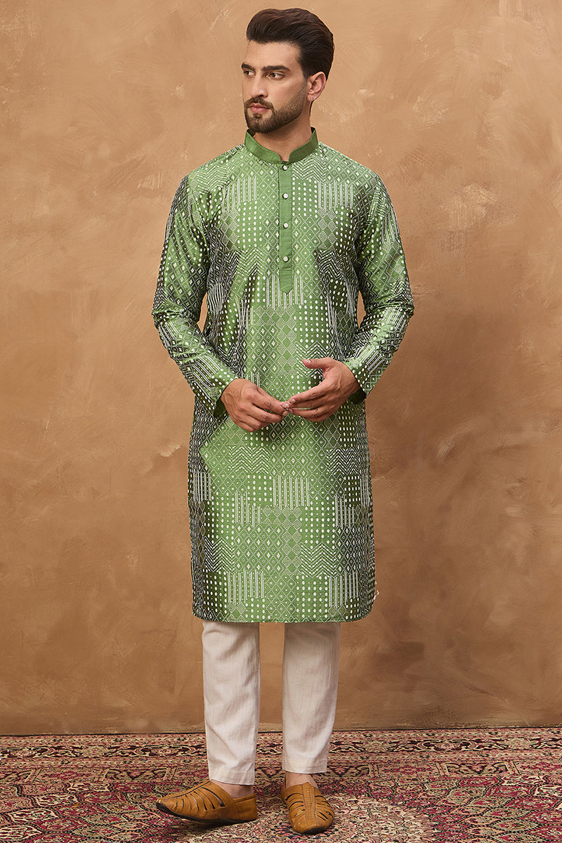 Green Silk Blend Geometric Printed Straight Kurta | SHOBITAM