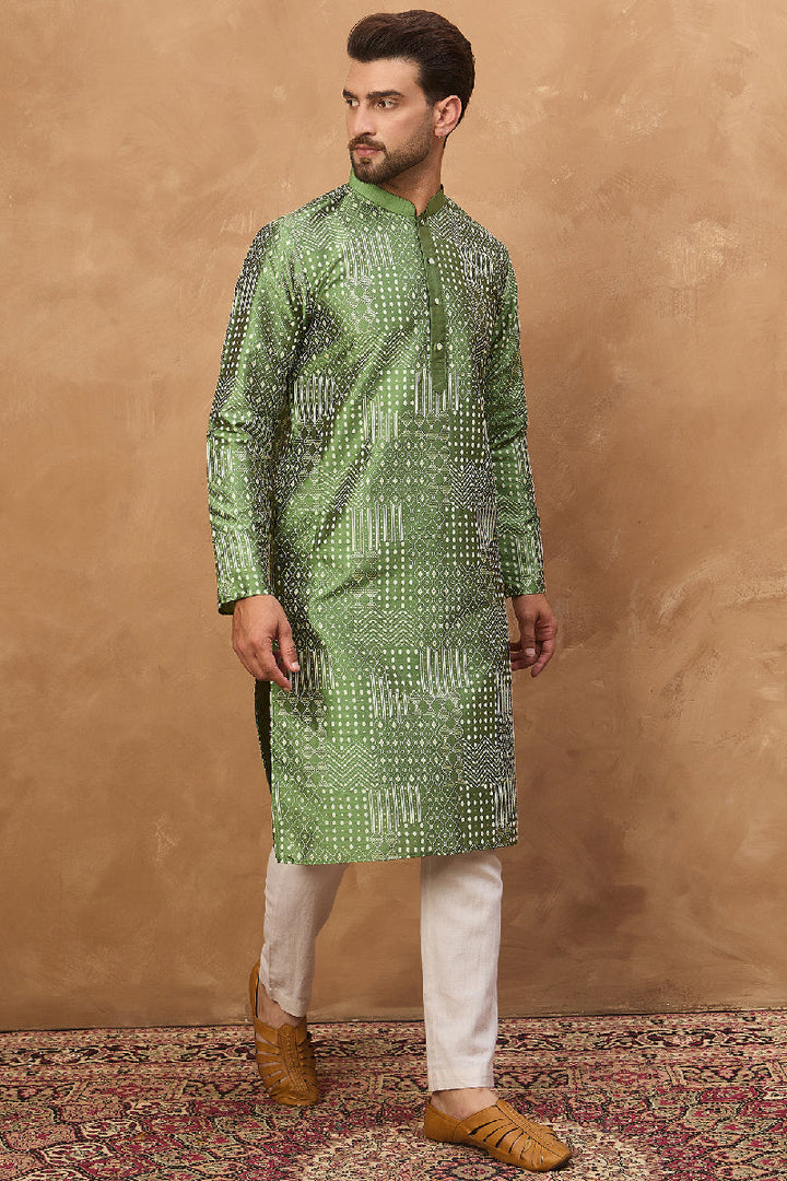 Green Silk Blend Geometric Printed Straight Kurta With Pant Set | SHOBITAM