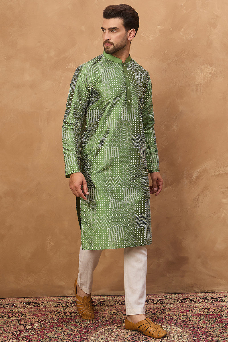 Green Silk Blend Geometric Printed Straight Kurta | SHOBITAM