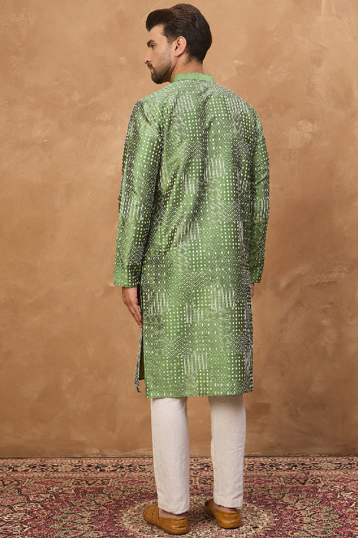 Green Silk Blend Geometric Printed Straight Kurta With Pant Set | SHOBITAM