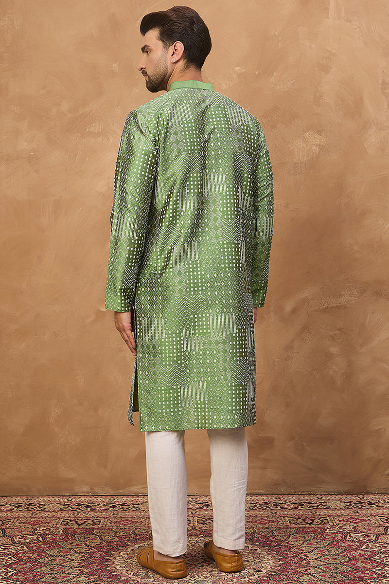 Green Silk Blend Geometric Printed Straight Kurta | SHOBITAM