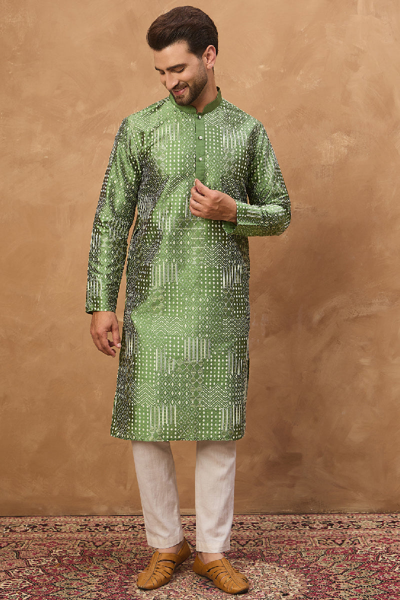 Green Silk Blend Geometric Printed Straight Kurta With Pant Set | SHOBITAM