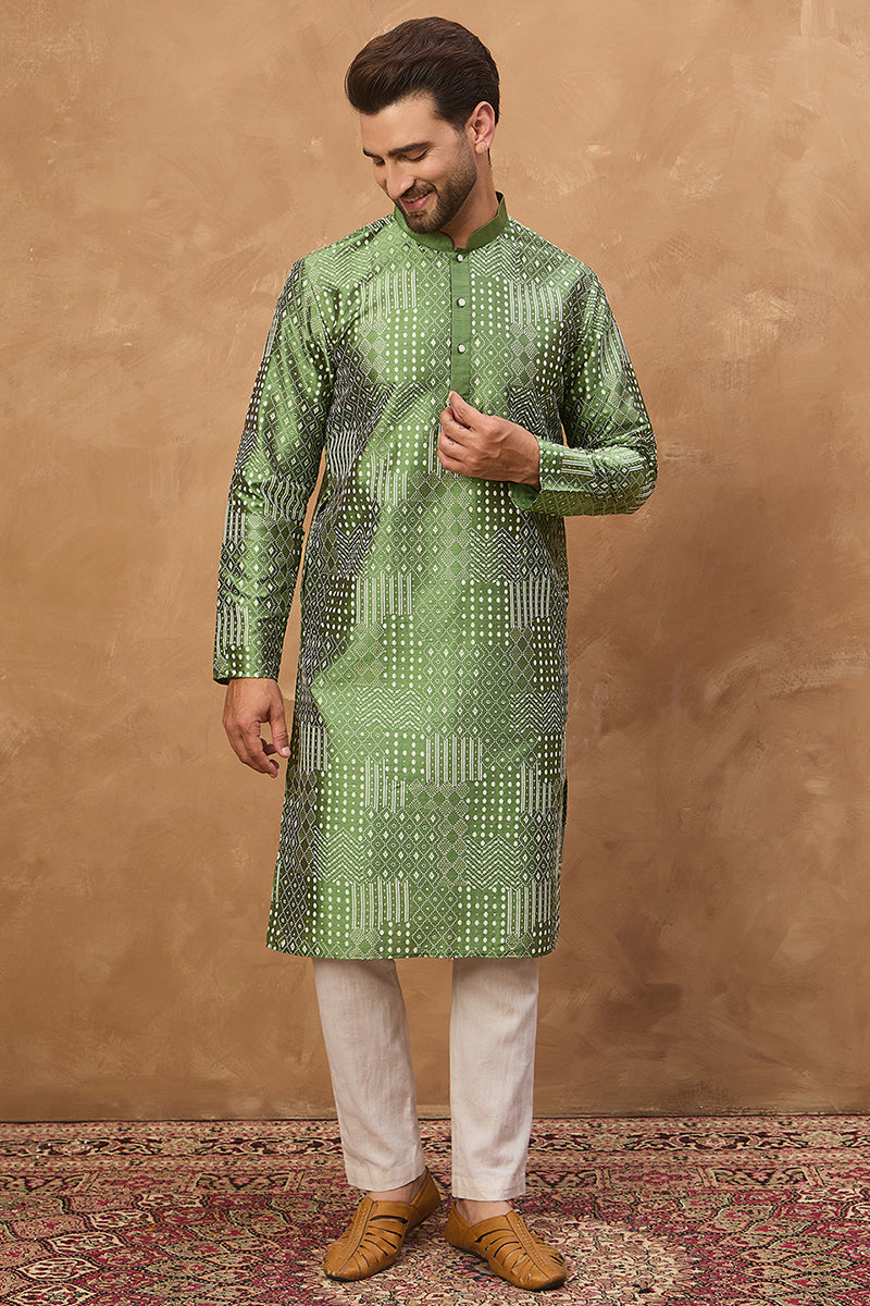 Green Silk Blend Geometric Printed Straight Kurta | SHOBITAM
