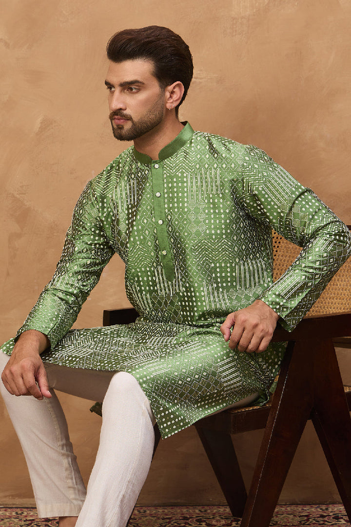 Green Silk Blend Geometric Printed Straight Kurta With Pant Set | SHOBITAM