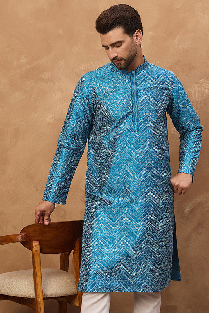 Blue Silk Blend Geometric Printed Straight Kurta | SHOBITAM