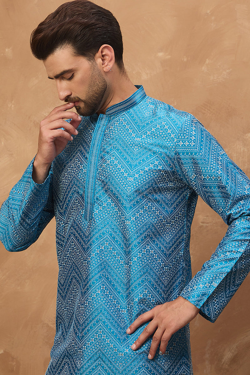 Blue Silk Blend Geometric Printed Straight Kurta | SHOBITAM