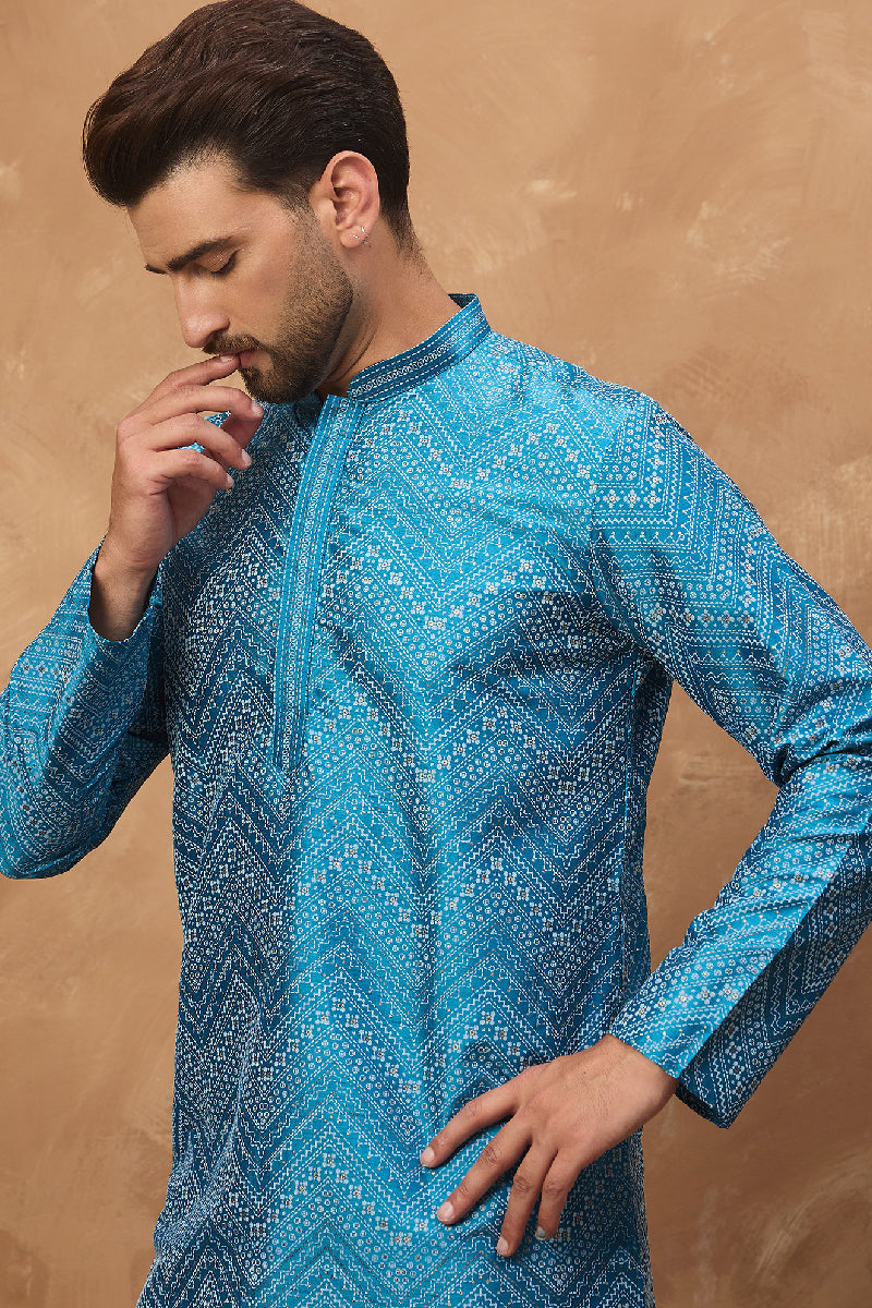 Blue Silk Blend Geometric Printed Straight Kurta With Pant Set | SHOBITAM