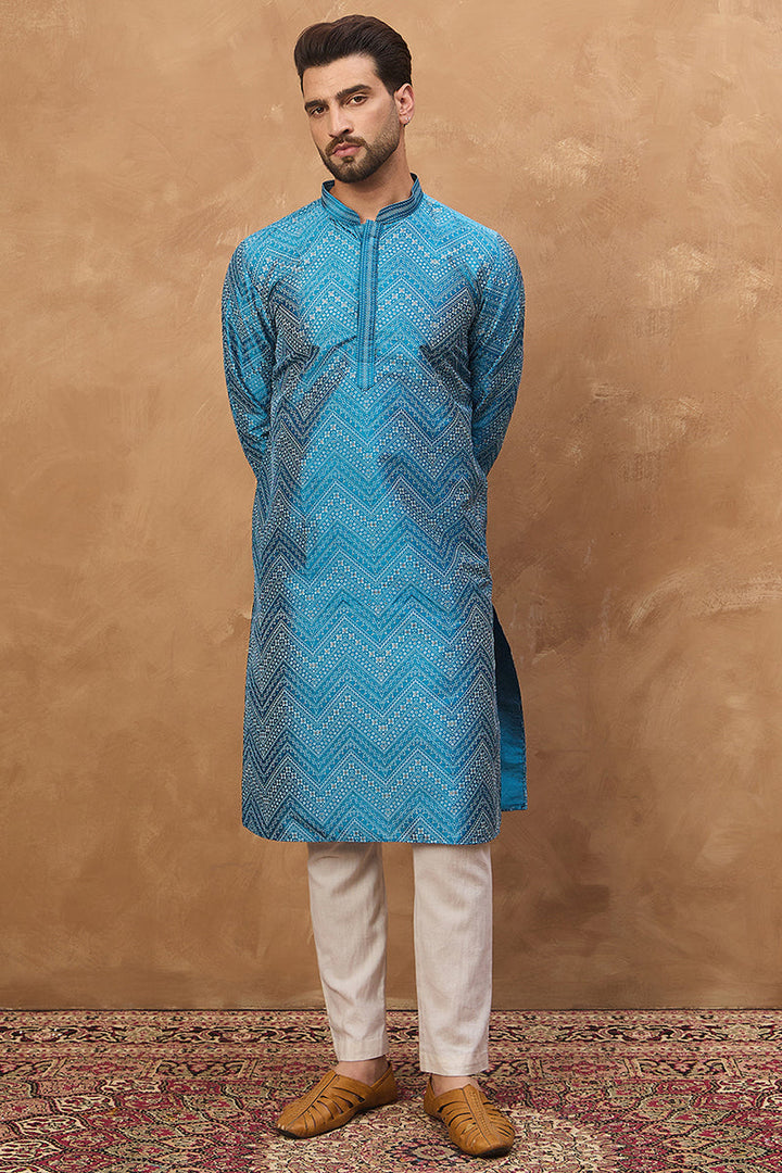Blue Silk Blend Geometric Printed Straight Kurta | SHOBITAM
