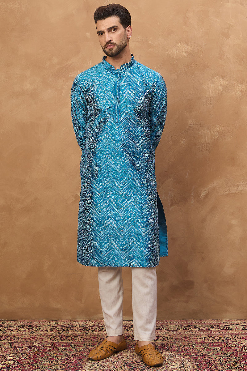 Blue Silk Blend Geometric Printed Straight Kurta With Pant Set | SHOBITAM