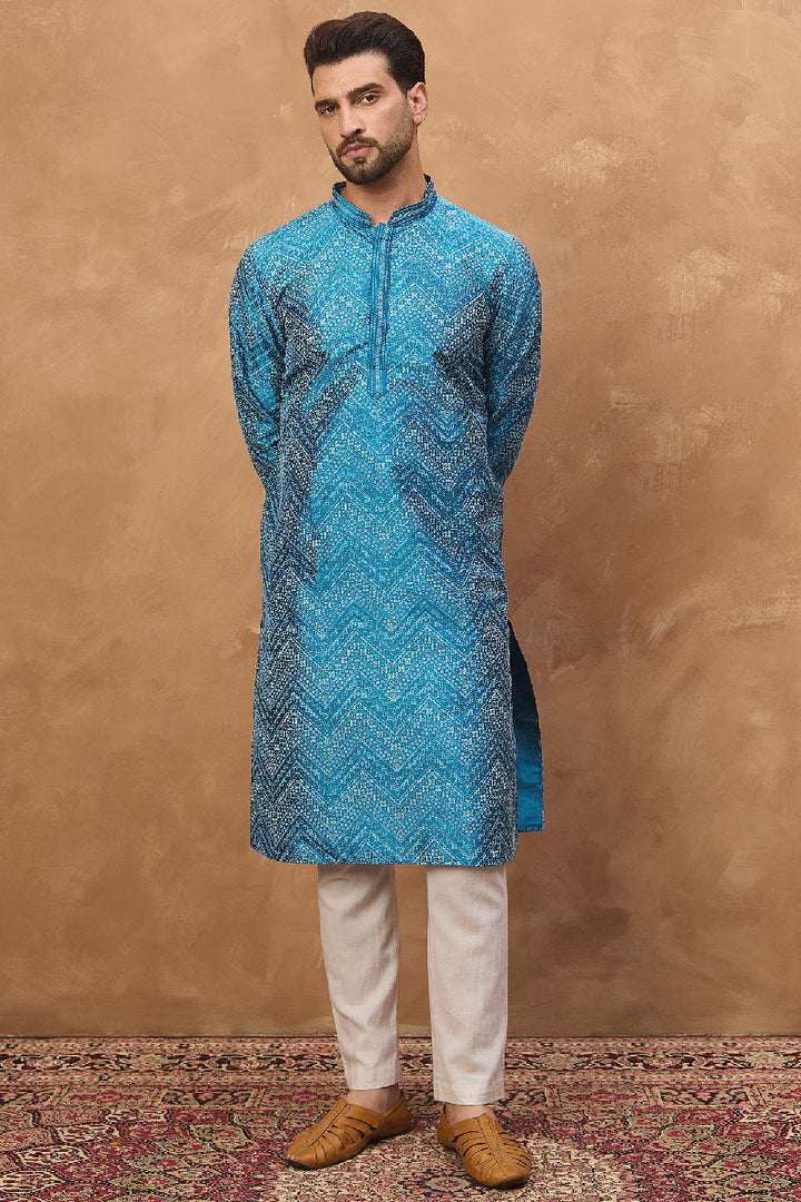 Blue Silk Blend Geometric Printed Straight Kurta With Pant Set | SHOBITAM