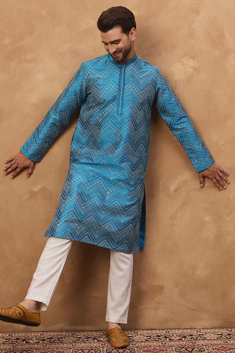 Blue Silk Blend Geometric Printed Straight Kurta | SHOBITAM